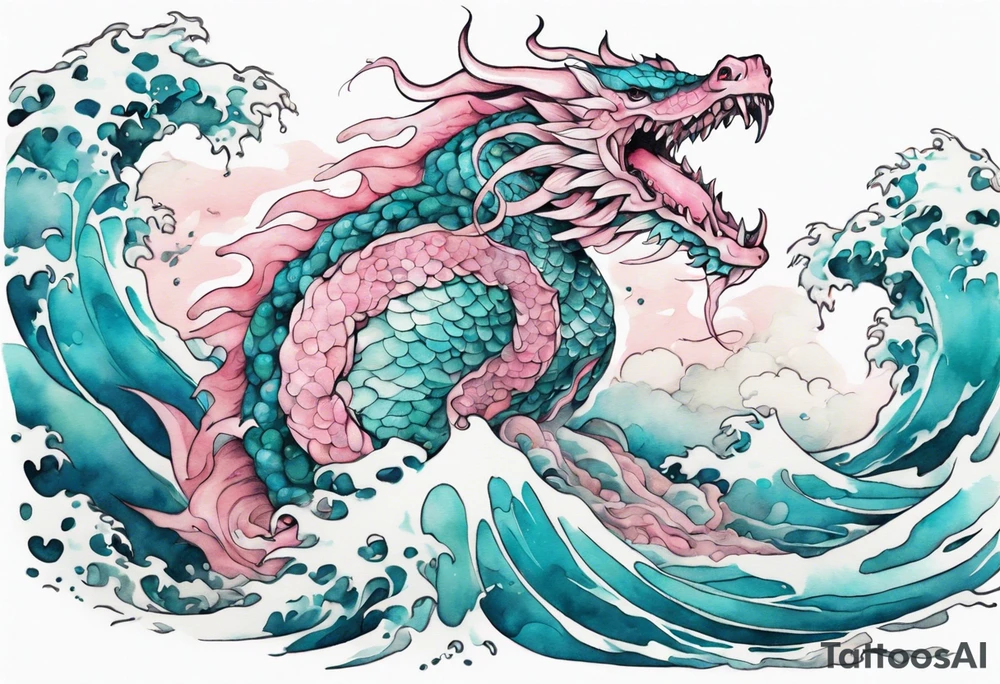 a beautiful turquoise pink and white sea  Fafnir rising from the waves of the ocean tattoo idea