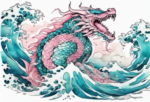 a beautiful turquoise pink and white sea  Fafnir rising from the waves of the ocean tattoo idea