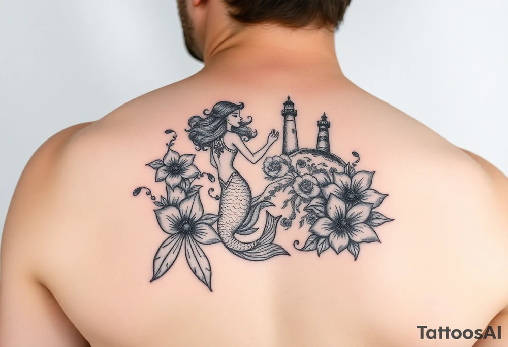 Mermaid in waves with flowers and lighthouse tattoo idea