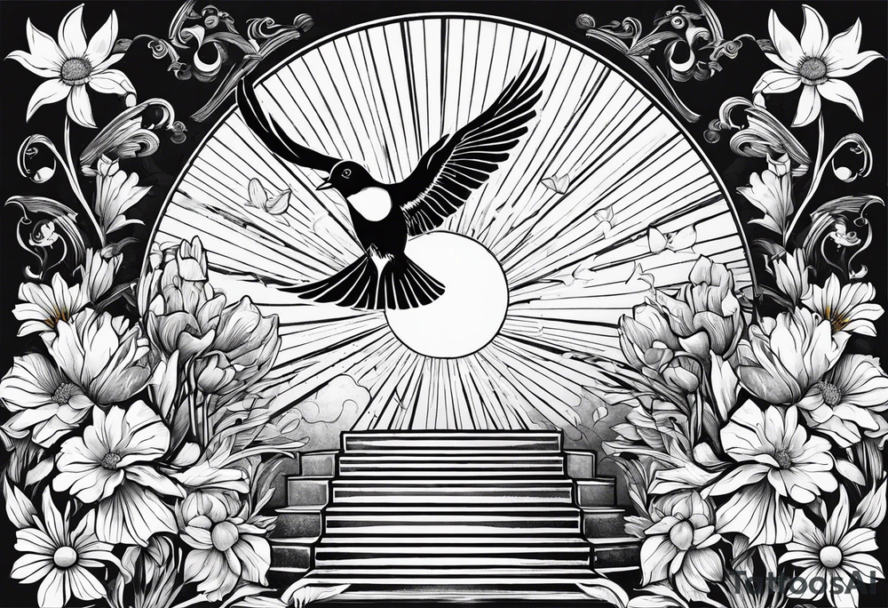AUM symbol, one flying 
sparrow, sunrays, staircase, cosmos, iris, daisy tattoo idea