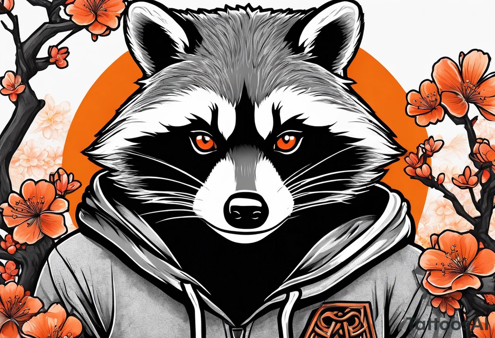 Raccoon wearing a white Superman logo on a black hoodie and orange Japanese cherry blossoms beside tattoo idea