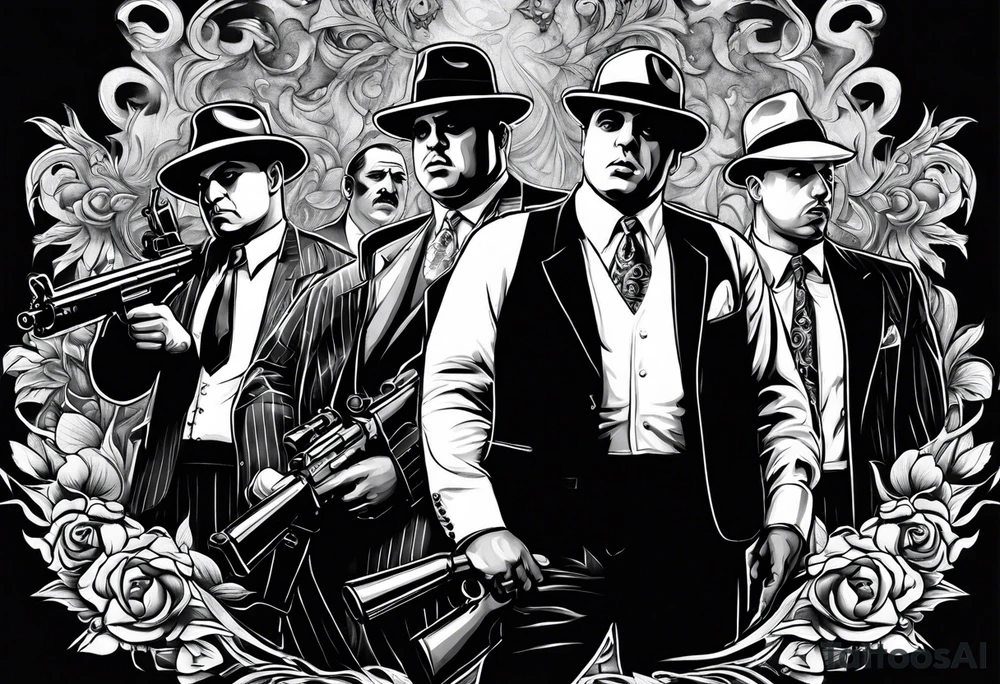 group of gangsters including Al Capone with machine guns surrounded by smoke and fire tattoo idea