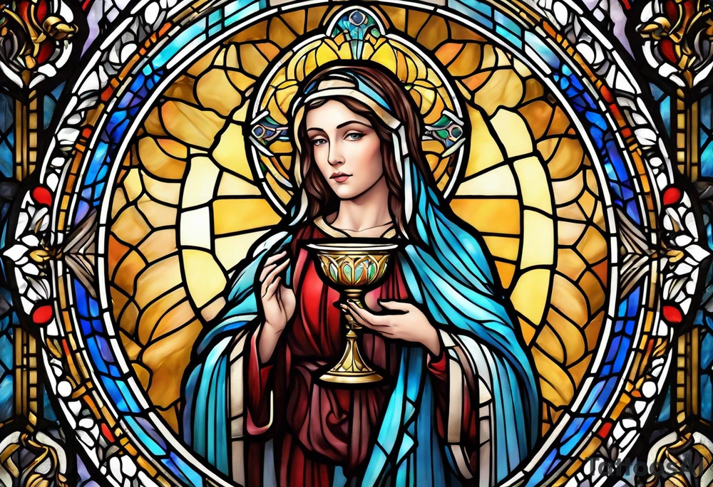 holy saint woman with halo stained glass holding a chalice tattoo idea