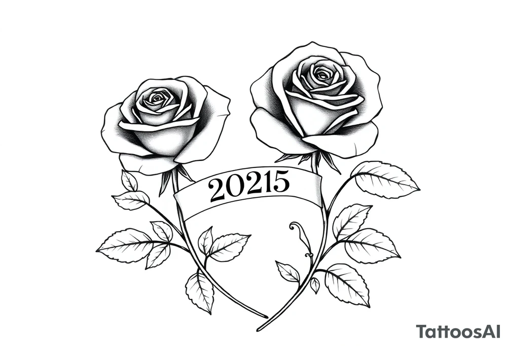 two beautiful large rose buds, one larger than the other, with many leaves next to the rose buds, with one sitting higher than the other. Include a banner connecting the two roses with "2025" on it.   Use dark outlines with little shading. The two stems should be short, not long, and connect and join into one stem, whimsically curved or twisted - not straight down. tattoo idea