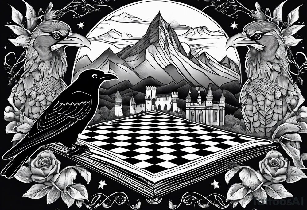 Books, chessboard with king and queen piece, background in a mountain night time  and ravens tattoo idea