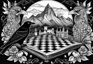 Books, chessboard with king and queen piece, background in a mountain night time  and ravens tattoo idea