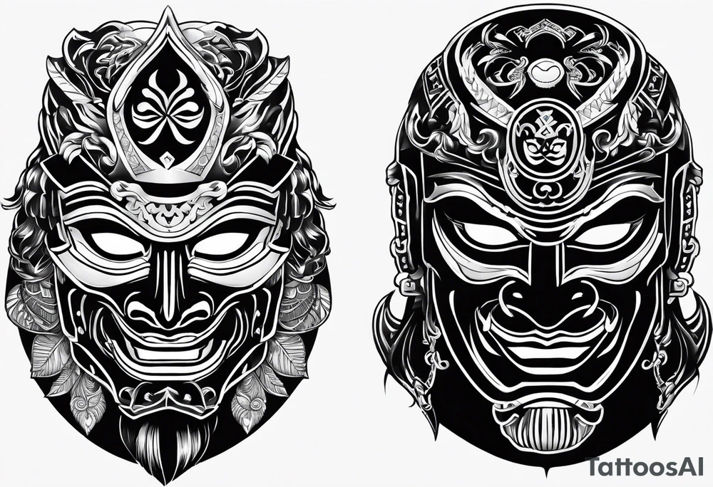 Black samurai mask with simple black stencil for shoulder tattoo idea