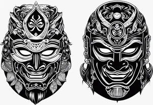 Black samurai mask with simple black stencil for shoulder tattoo idea