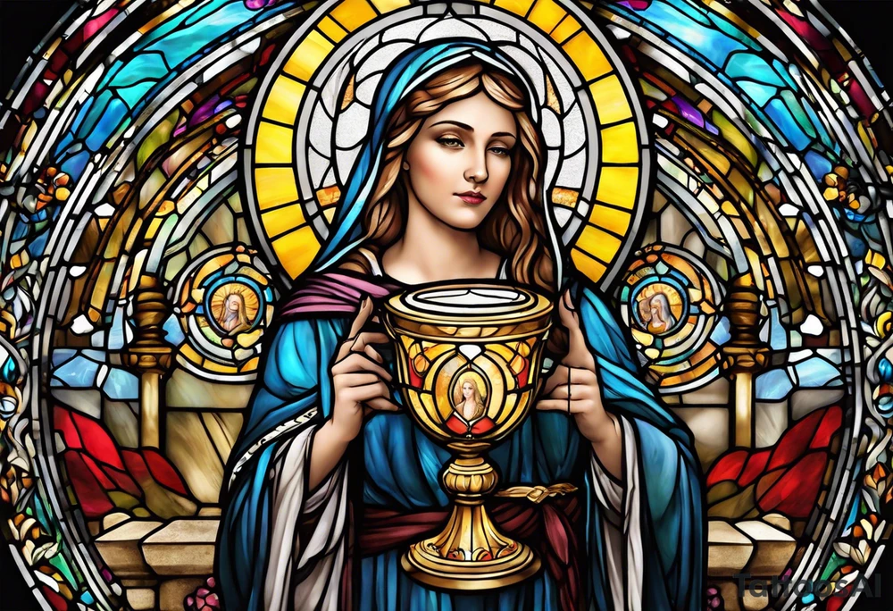 holy saint woman with halo stained glass holding a chalice tattoo idea