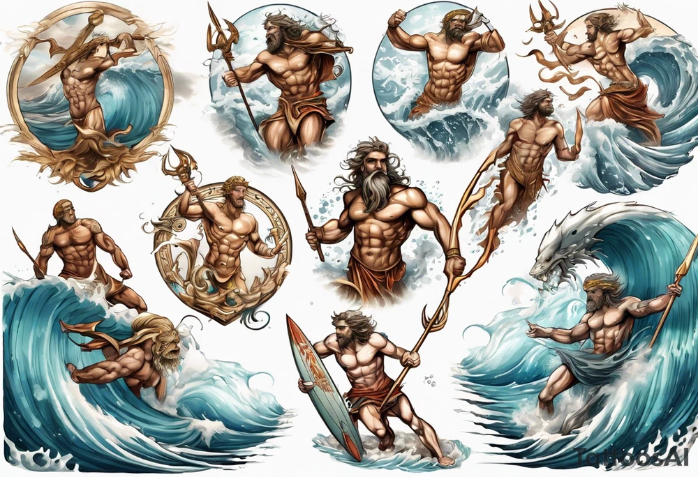 Ancient Greek gods of the sea fighting with surfer  and trident tattoo idea