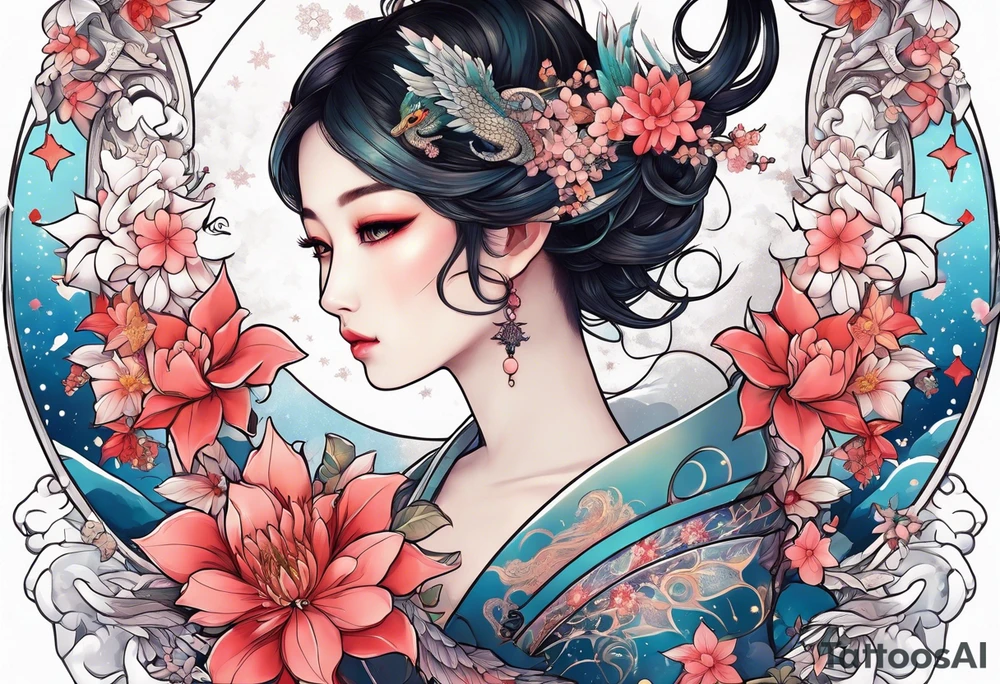 Constellation, wing , snow , cross , dragon female japan kawaii , flower tattoo idea