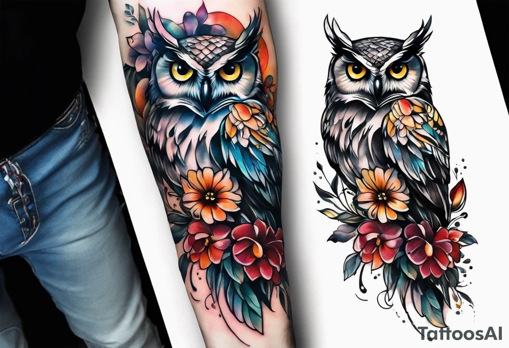 Owl and flowers full arm sleeve tattoo idea