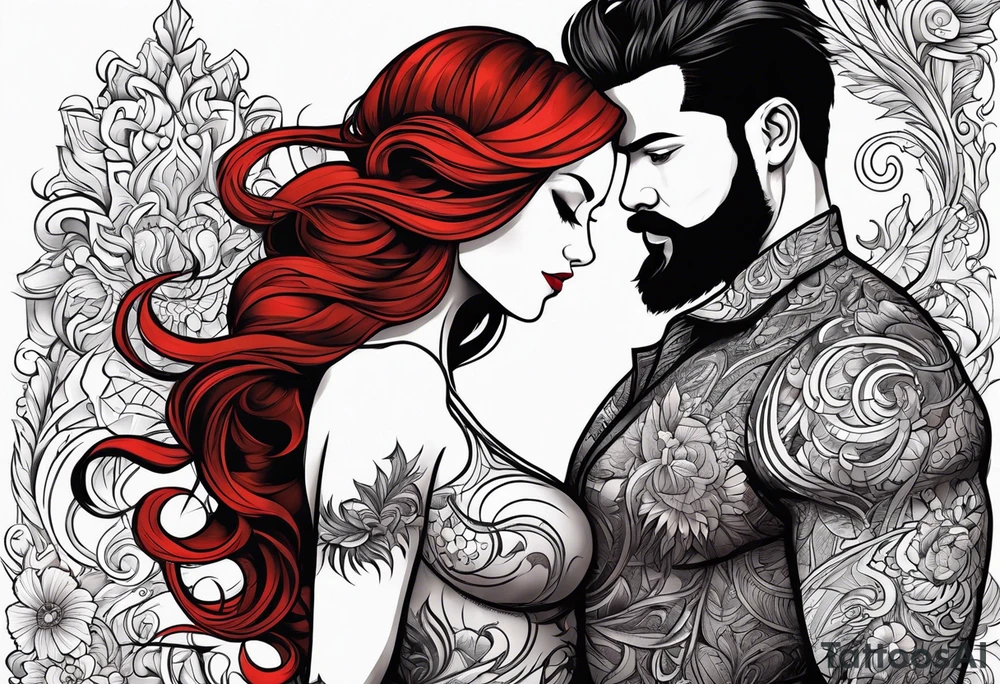 Busty red haired woman with a bearded man who has black hair tattoo idea