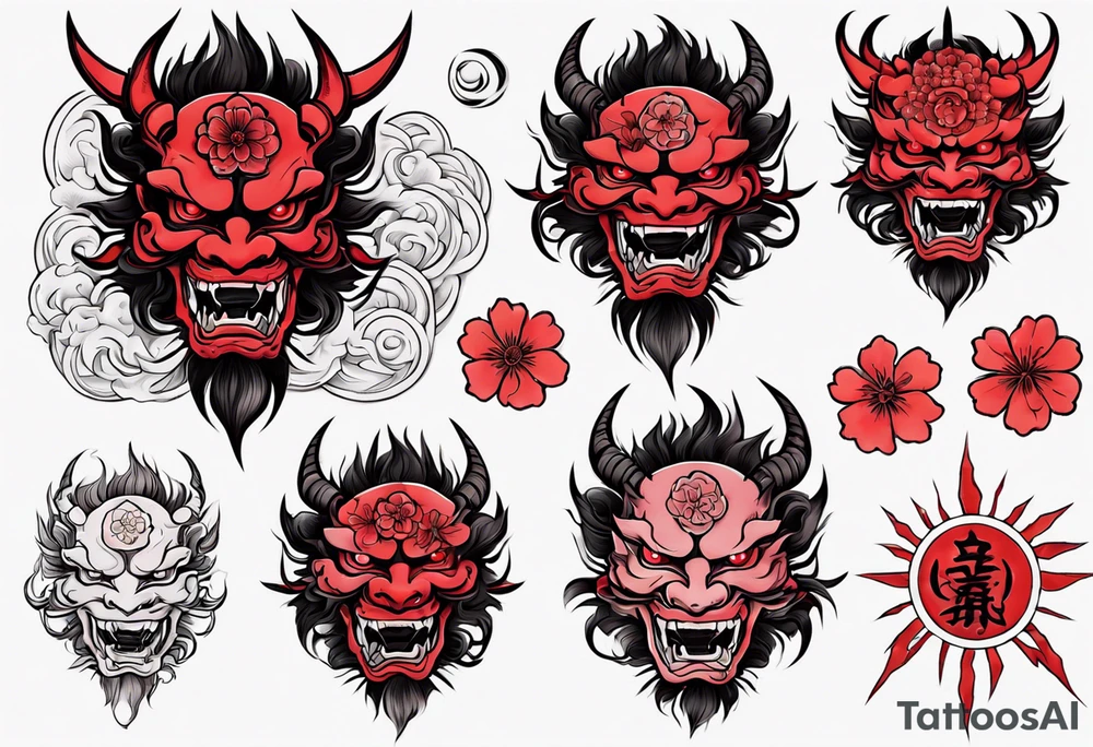 Cherry blossom red sun oni tattoo idea