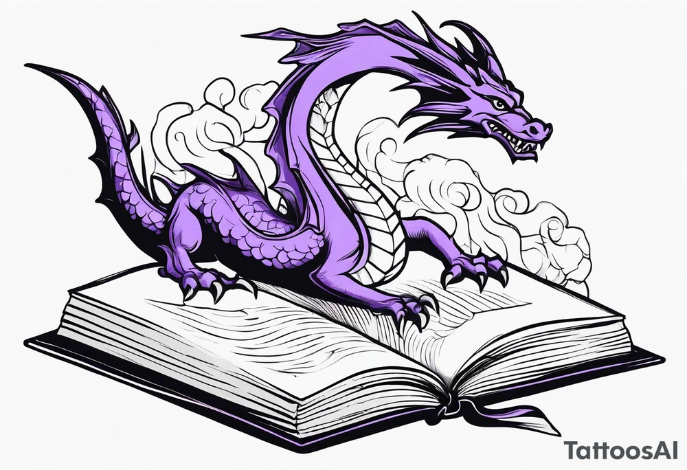 an open book. a flying dragon. One pawn piece. a cluster of lavender under book tattoo idea