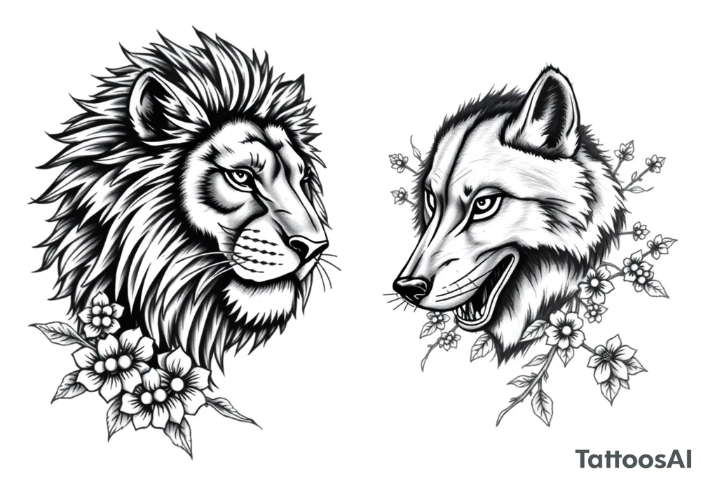 Half powerful majestic lion but half wolf forward facing representing protection floral brambles surrounded tattoo idea