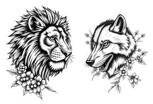 Half powerful majestic lion but half wolf forward facing representing protection floral brambles surrounded tattoo idea