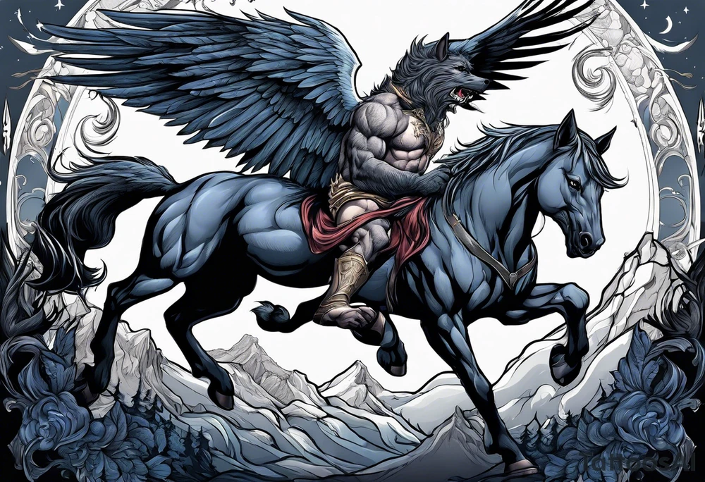 Muscular werewolf and Pegasus fighting in the night tattoo idea
