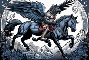 Muscular werewolf and Pegasus fighting in the night tattoo idea