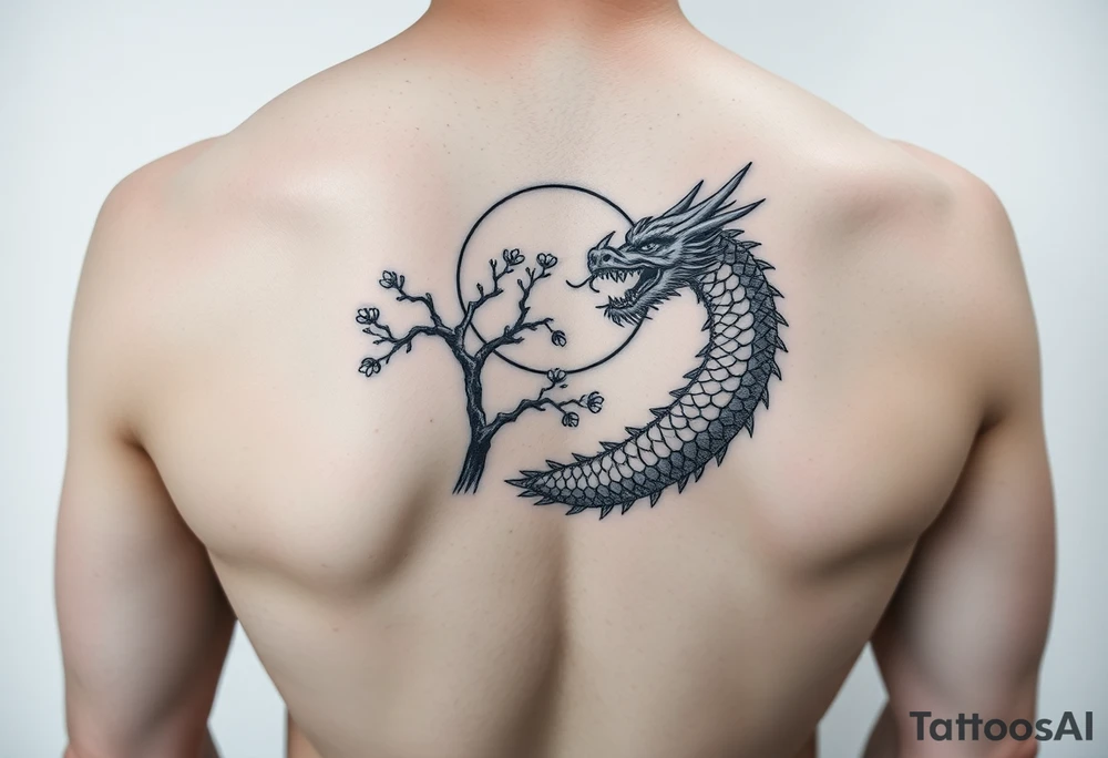 forearm sleeve tattoo, a dragon with a sakura tree and moon tattoo idea forearm sleeve tattoo, a dragon with a sakura tree and moon tattoo idea