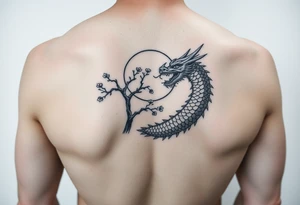 forearm sleeve tattoo, a dragon with a sakura tree and moon tattoo idea