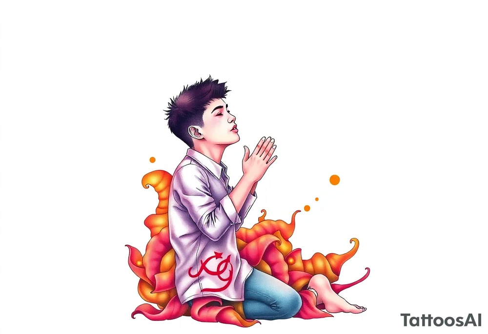 Handsome Asian young guy is standing on his knees apologising tattoo idea