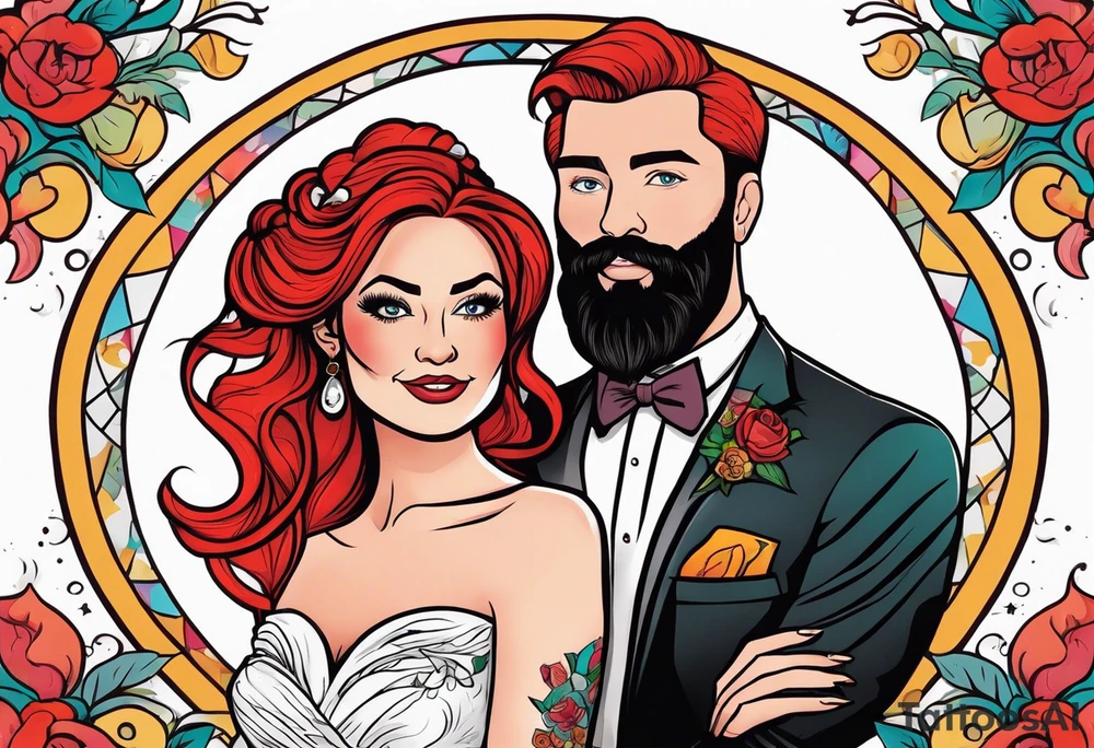 Busty red haired woman with a bearded man who has black hair getting married tattoo idea