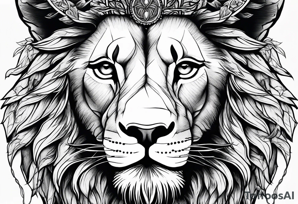 The lion of Judah, which is Jesus Christ, is tied and intertwined within a maple tree, and a cross as well tattoo idea