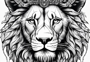 The lion of Judah, which is Jesus Christ, is tied and intertwined within a maple tree, and a cross as well tattoo idea