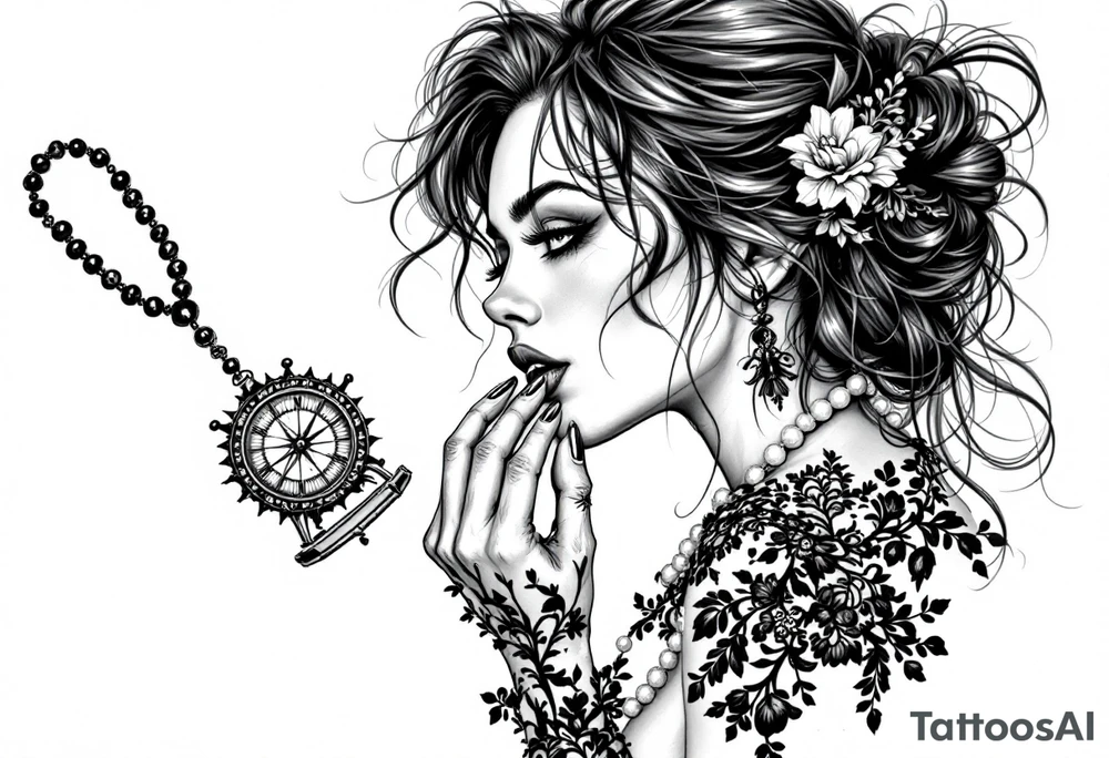Profile of sexy woman with messy hair 
,resting chin on fist 
, mouth open  , lace, lipstick,  pearls 
compass and gun hand with rosary wrapped around hand tattoo idea