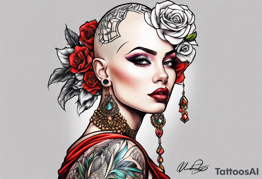 Bald woman tattoo idea