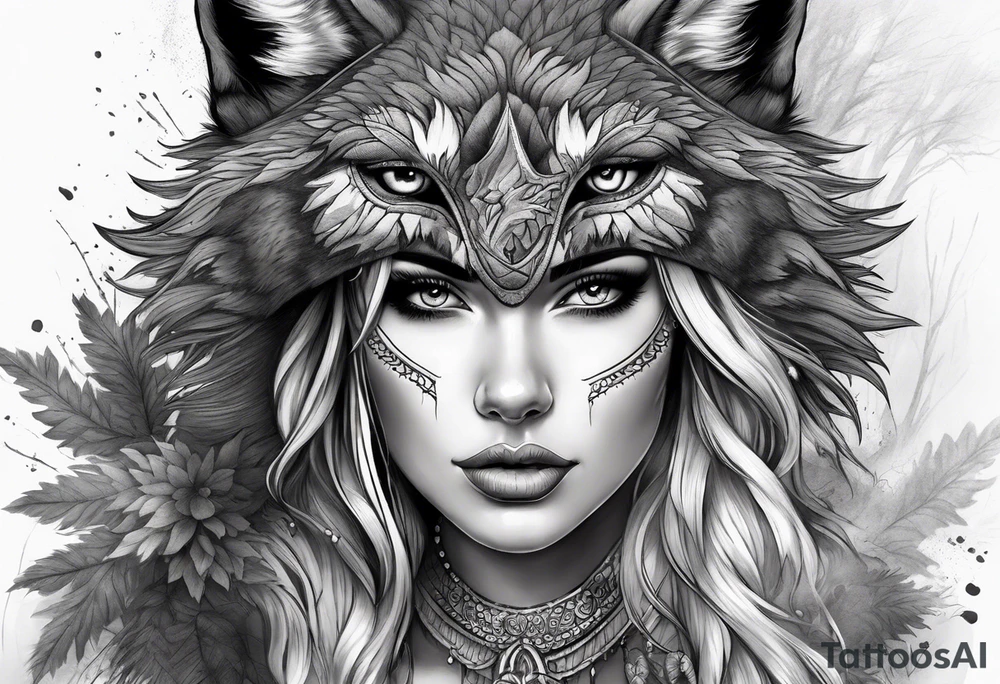 Beautiful woman wearing a wolf head dress, the wolf face should be snarling and look super aggressive. Background of forest with raging storm tattoo idea