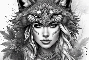 Beautiful woman wearing a wolf head dress, the wolf face should be snarling and look super aggressive. Background of forest with raging storm tattoo idea