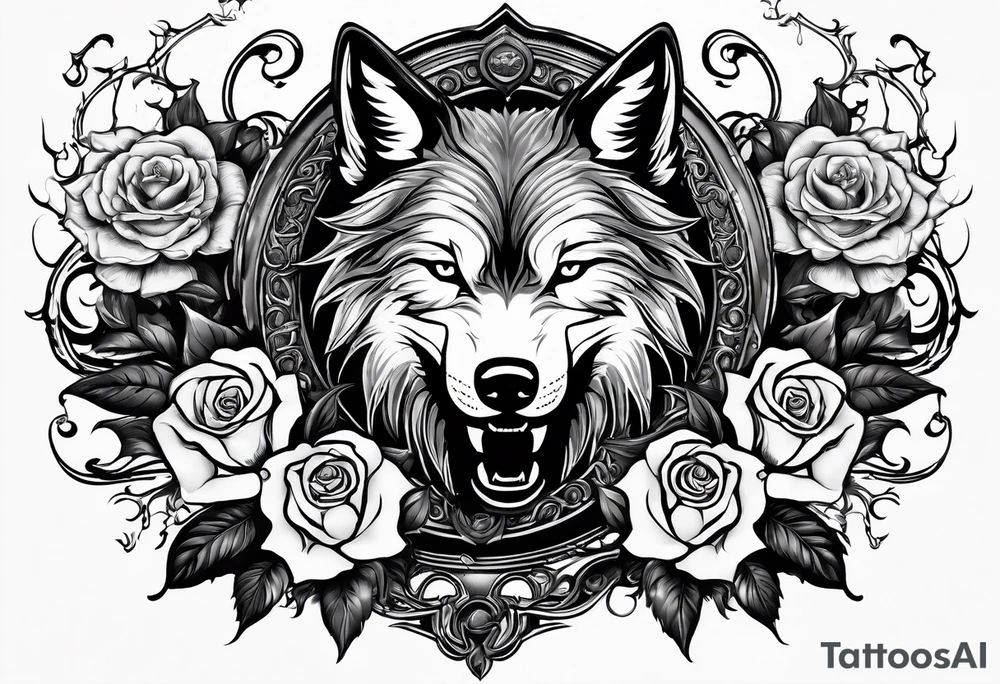 Raging storm with vicious wolf. Design for a chest piece.  Include roses and lilys tattoo idea