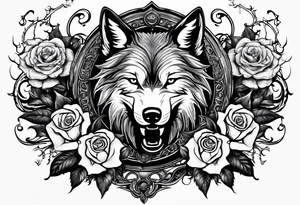 Raging storm with vicious wolf. Design for a chest piece.  Include roses and lilys tattoo idea