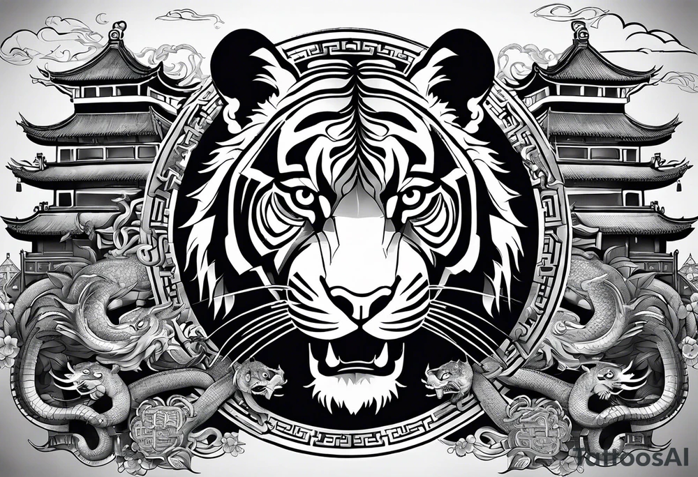 Create for me a tattoo in the Chinese style featuring the Great Wall of China a tiger, a rat, a snake, , and a temple. tattoo idea