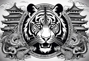 Create for me a tattoo in the Chinese style featuring the Great Wall of China a tiger, a rat, a snake, , and a temple. tattoo idea