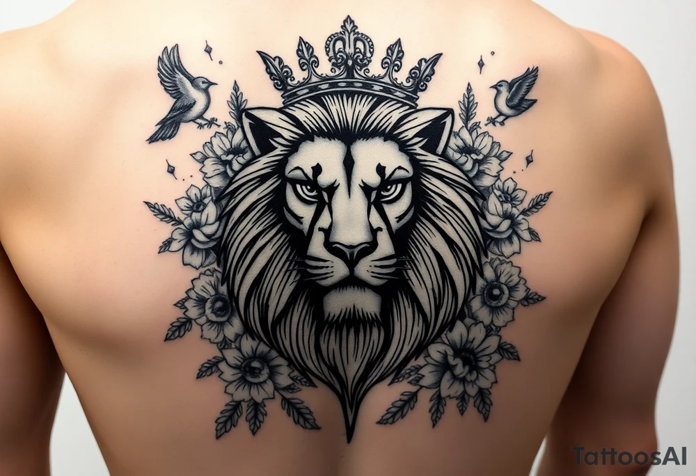 powerful majestic lion with a crown, surrounded by floral ornaments and birds tattoo idea