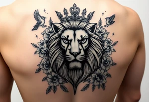 powerful majestic lion with a crown, surrounded by floral ornaments and birds tattoo idea