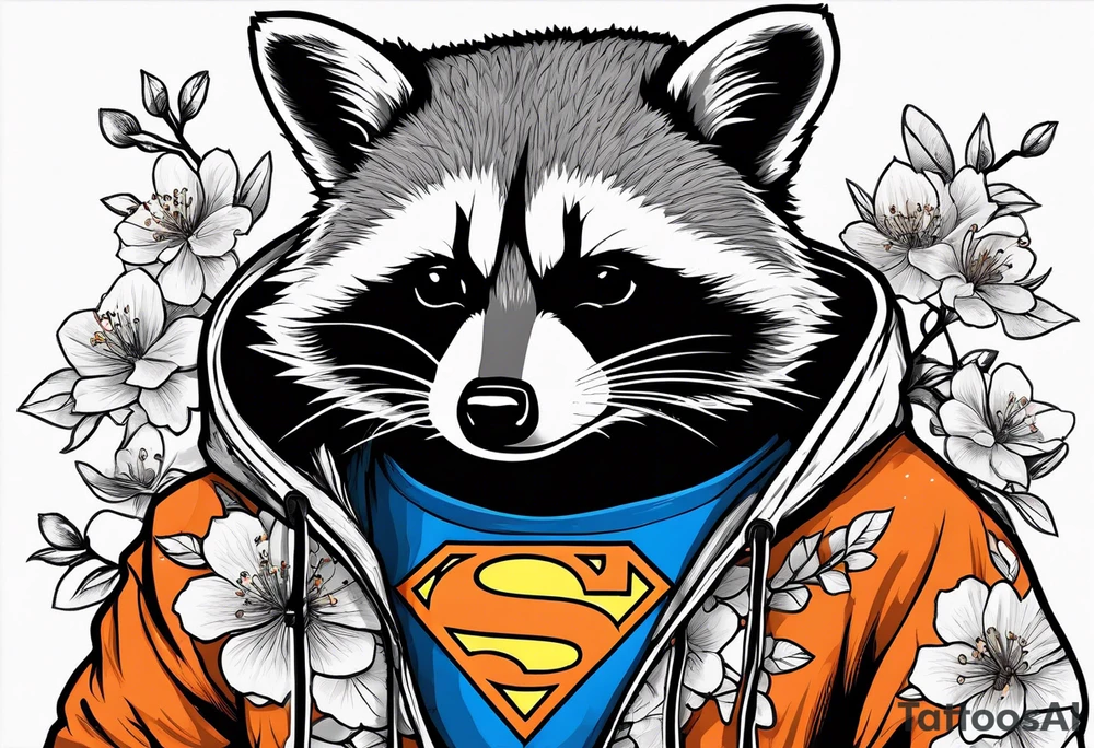 raccoon wearing a black and white Superman hoodie and orange Japanese cherry blossoms tattoo idea