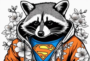 raccoon wearing a black and white Superman hoodie and orange Japanese cherry blossoms tattoo idea