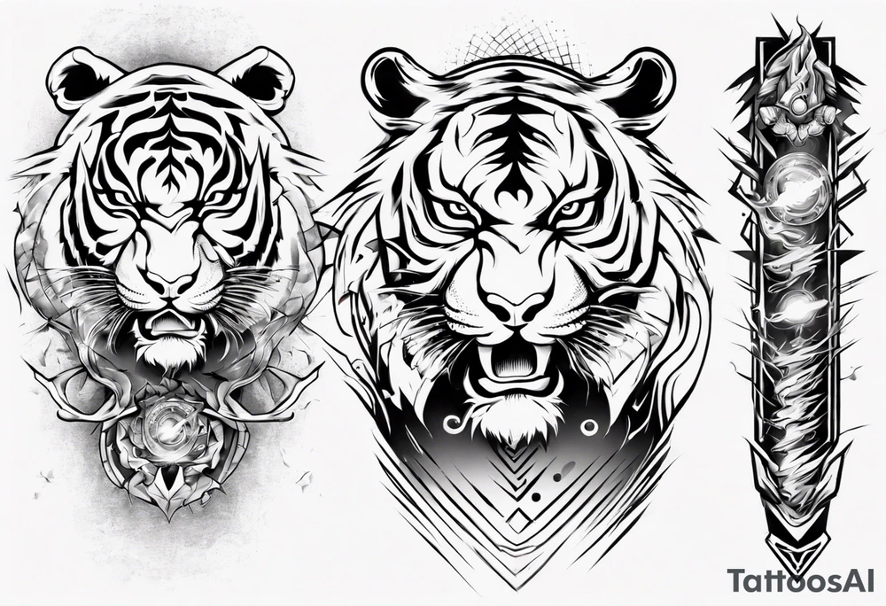 Tiger warrior with lightning and the sun for a forearm sleeve tattoo idea