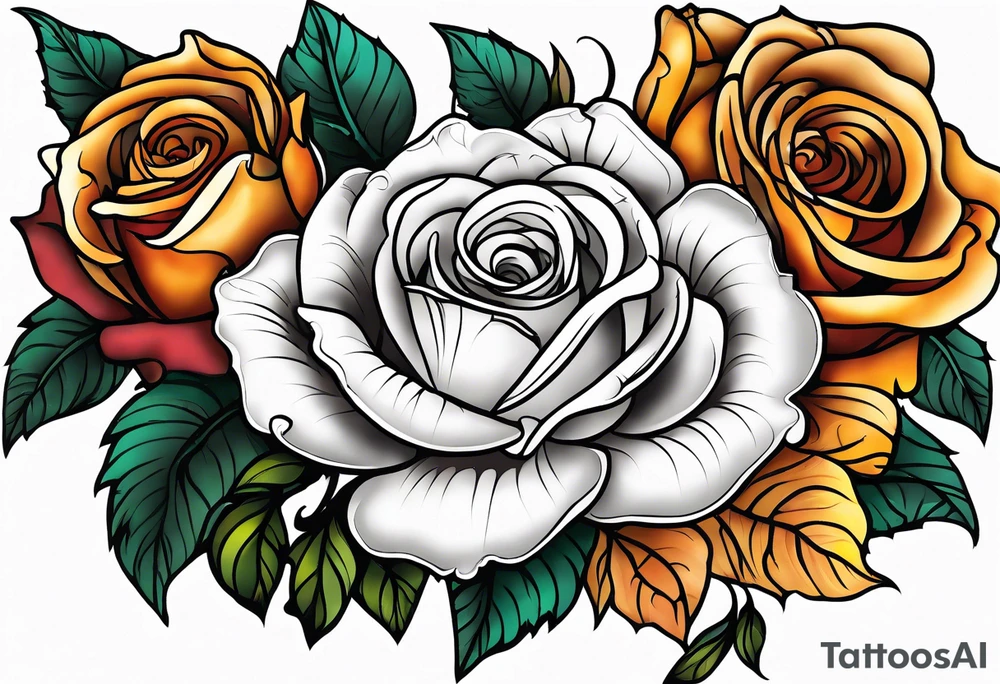 thigh tattoo with fall colors showing, flowers, roses, water flow, and sky tattoo idea