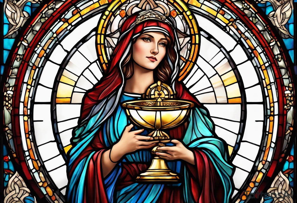 holy saint woman with halo stained glass holding a chalice with artillery tattoo idea