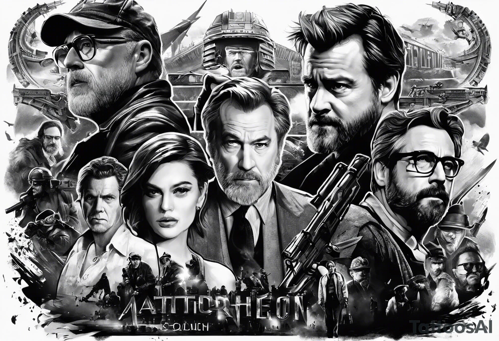 help me design a tattoo from shoulder to forearm with a design that creatively unites the films of Christopher Nolan, Martin Scorcerse, Stanley Kubric, Steven Spielberg, Coppola, etc. tattoo idea