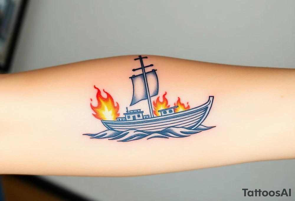 Boat on fire with cross as mast. Watercolour tattoo idea