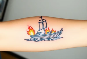 Boat on fire with cross as mast. Watercolour tattoo idea