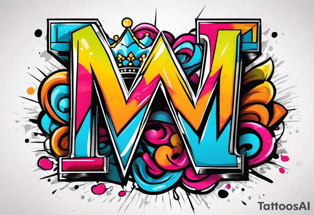 The letters M T R graffiti with a crown on the T tattoo idea