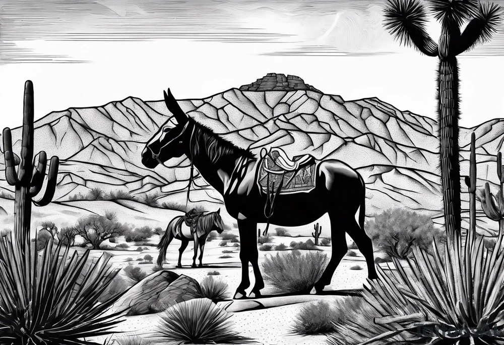 Desert mountain with a donkey and a Joshua tree. Keep gladiator in the background tattoo idea
