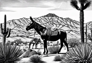 Desert mountain with a donkey and a Joshua tree. Keep gladiator in the background tattoo idea